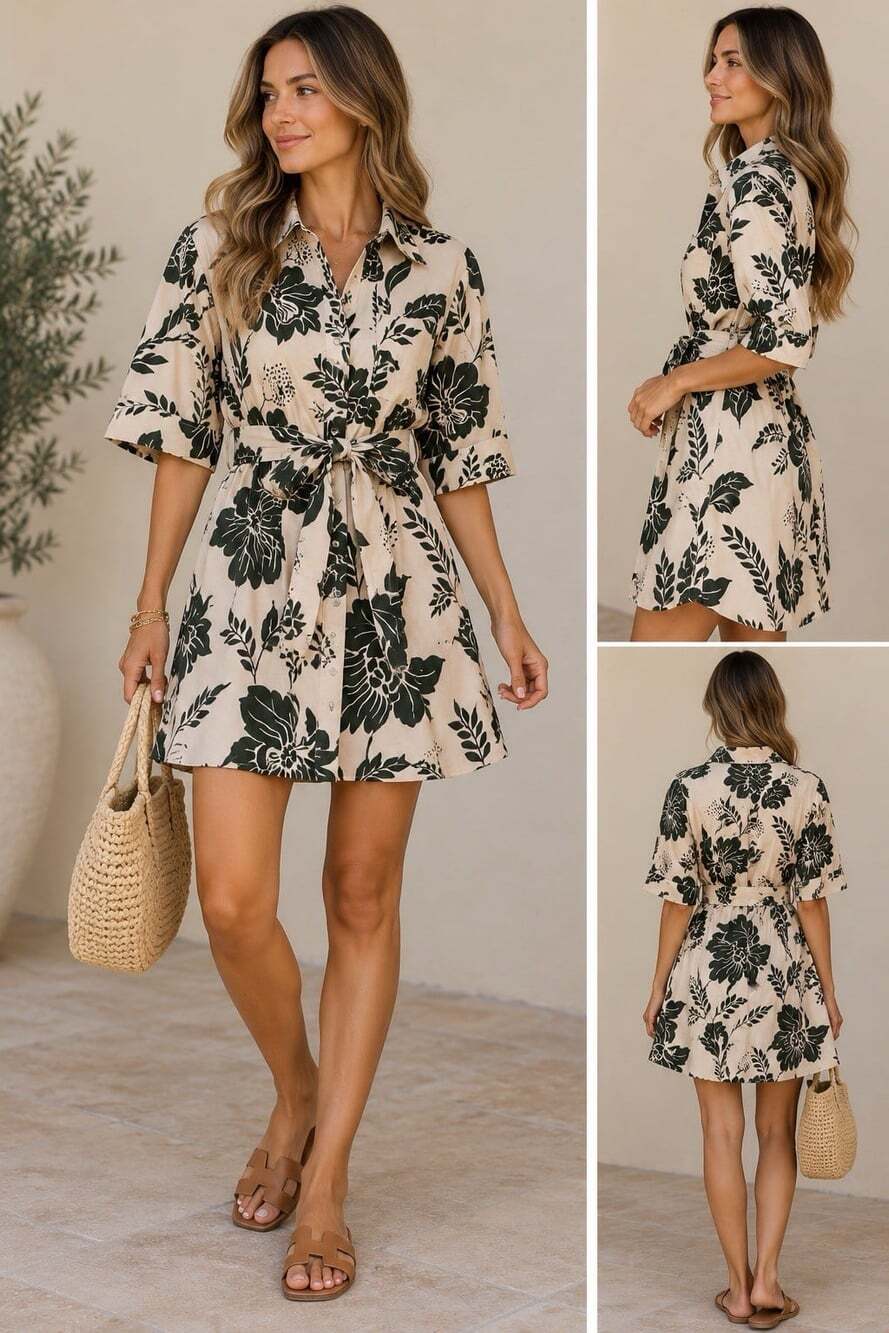 Zara Green Embroidered Leaf Linen Short Sleeve Belt A Line Mini Shirt Dress M